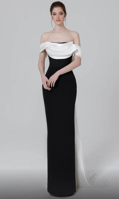 MNM COUTURE N0456 - Draped Off Shoulder Evening Dress Evening Dresses 4 / Black/White