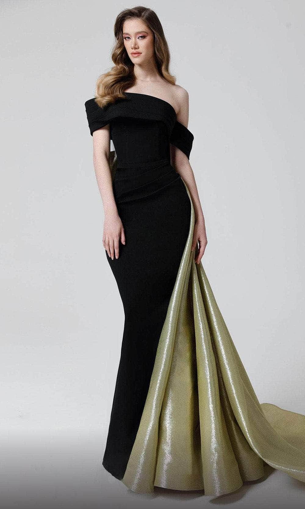 MNM COUTURE N0466 - Off Shoulder Asymmetric Evening Gown Evening Dresses 4 / Black/Gold