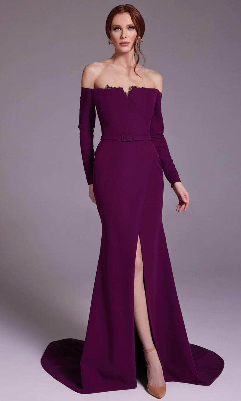 MNM Couture N0541 - Off Shoulder Mermaid Crepe Gown Prom Dresses 4 / Purple