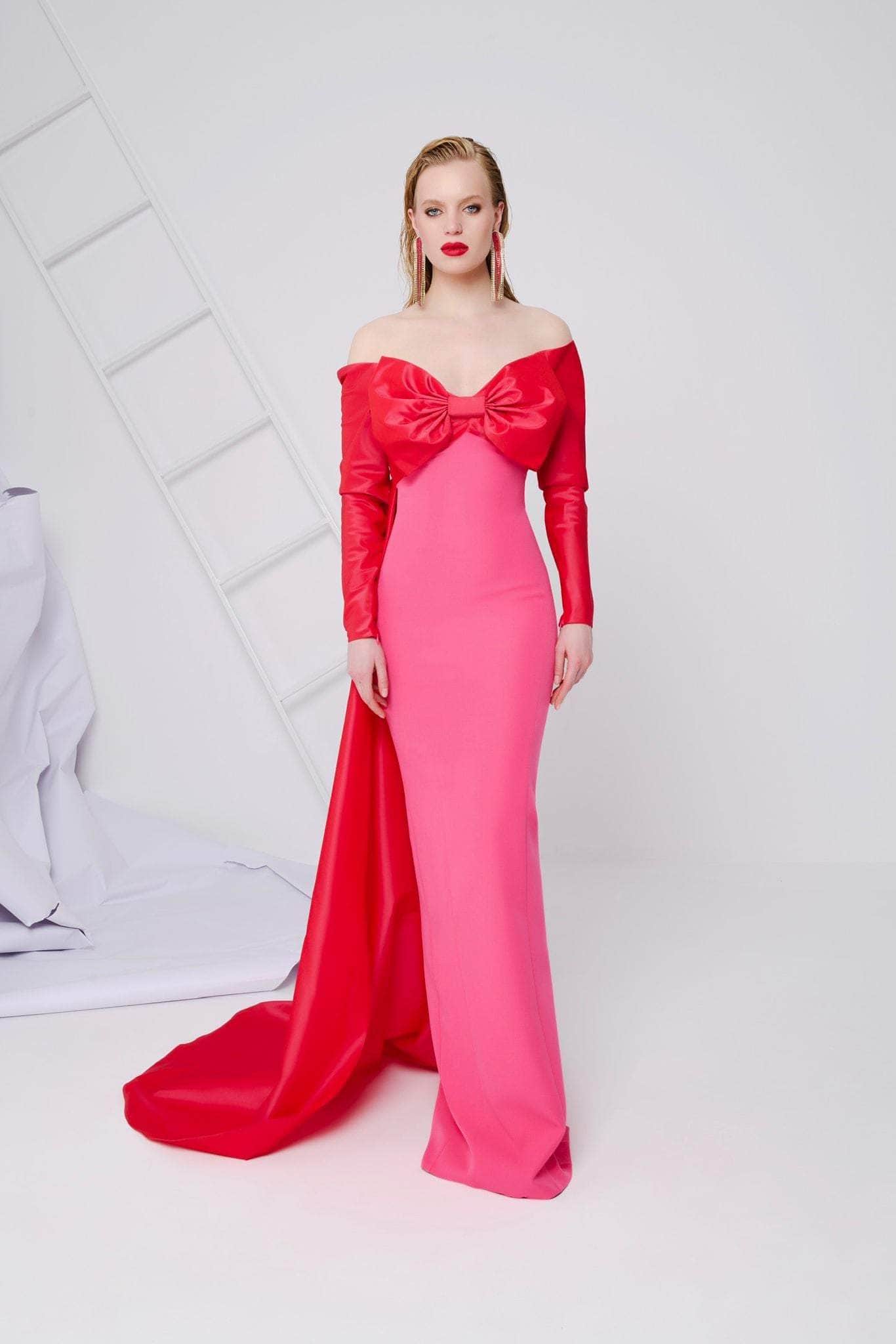 MNM Couture N0565A - Off Shoulder Column Evening Gown Special Occasion Dresses 0 / Fuchsia