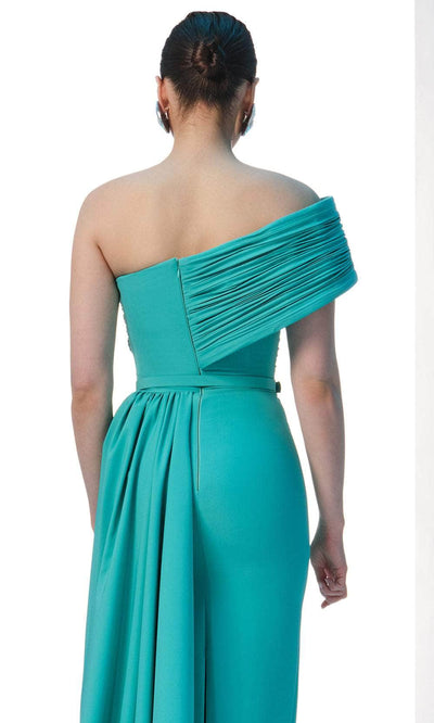 MNM Couture N0604 - Ruched Bodice Asymmetric Gown with Belt Evening Dresses