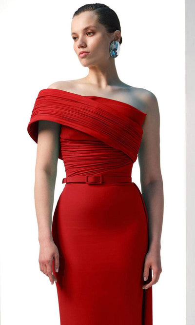 MNM Couture N0604 - Ruched Bodice Asymmetric Gown with Belt Evening Dresses