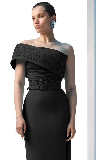 MNM Couture N0604 - Ruched Bodice Asymmetric Gown with Belt Evening Dresses