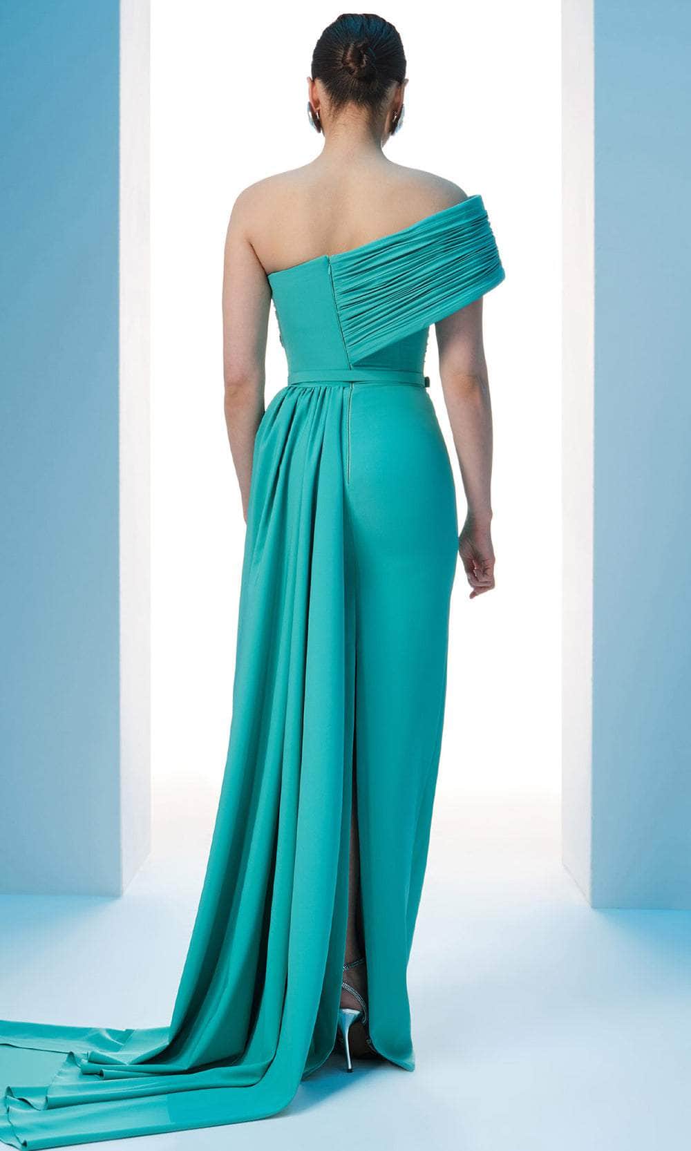 MNM Couture N0604 - Ruched Bodice Asymmetric Gown with Belt Evening Dresses