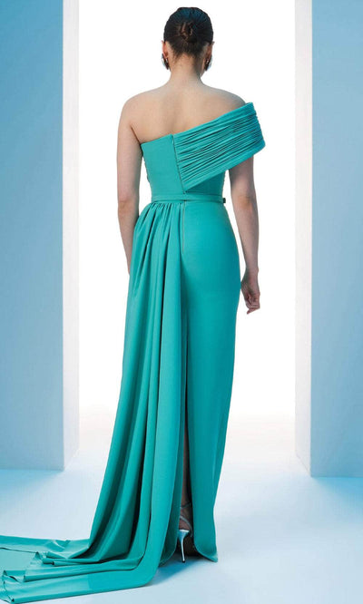MNM Couture N0604 - Ruched Bodice Asymmetric Gown with Belt Evening Dresses
