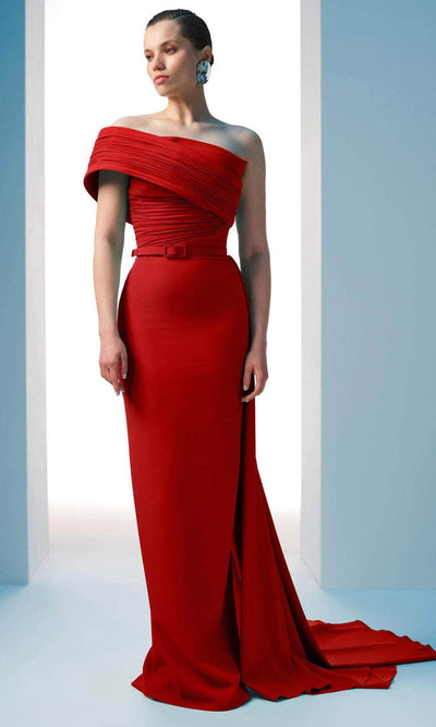 MNM Couture N0604 - Ruched Bodice Asymmetric Gown with Belt Evening Dresses