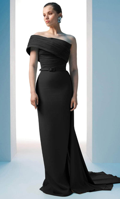 MNM Couture N0604 - Ruched Bodice Asymmetric Gown with Belt Evening Dresses