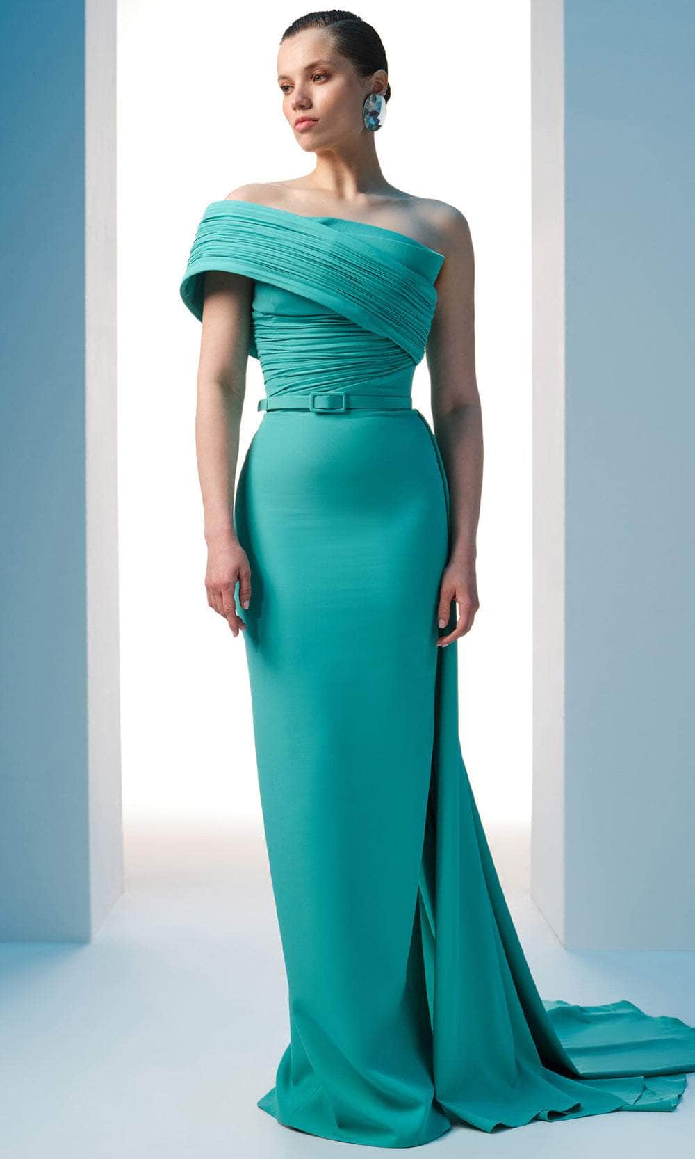 MNM Couture N0604 - Ruched Bodice Asymmetric Gown with Belt Evening Dresses