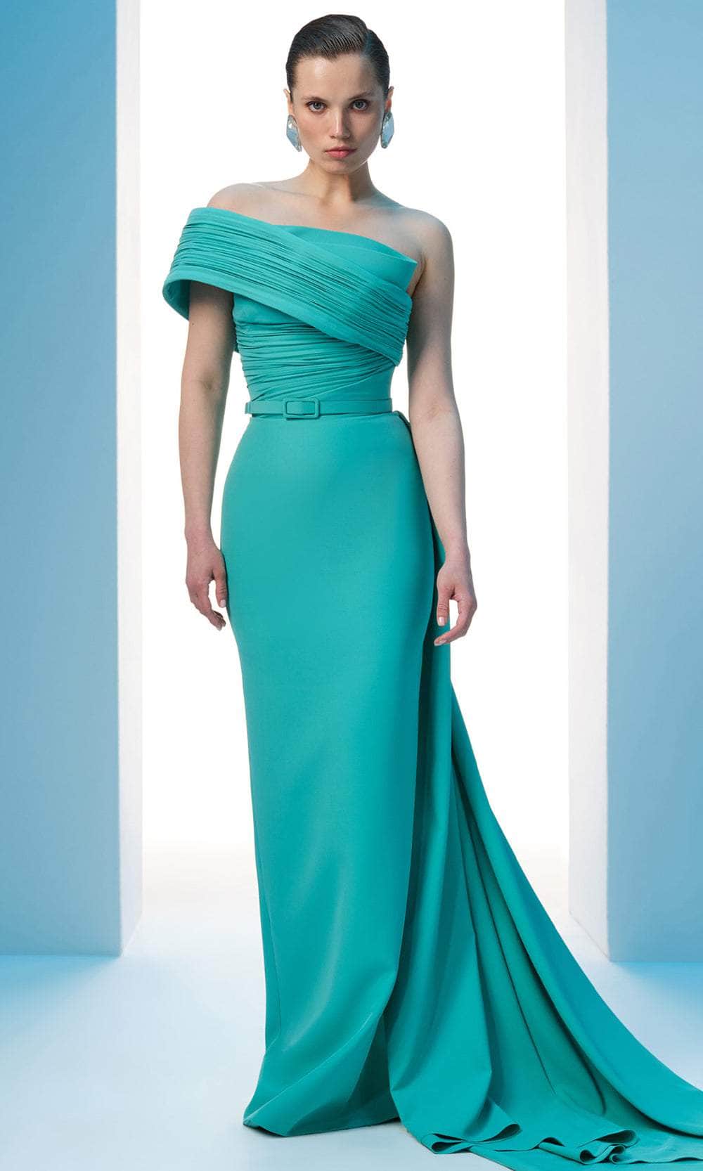 MNM Couture N0604 - Ruched Bodice Asymmetric Gown with Belt Evening Dresses