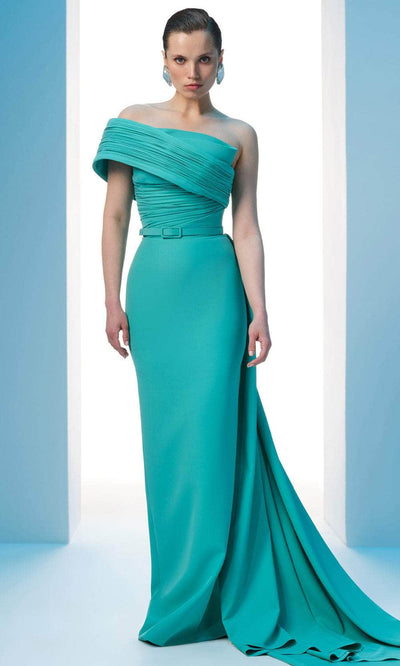 MNM Couture N0604 - Ruched Bodice Asymmetric Gown with Belt Evening Dresses
