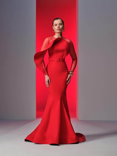 MNM Couture N0613 - Long Sleeve Draped Evening Gown Special Occasion Dresses 4 / Red