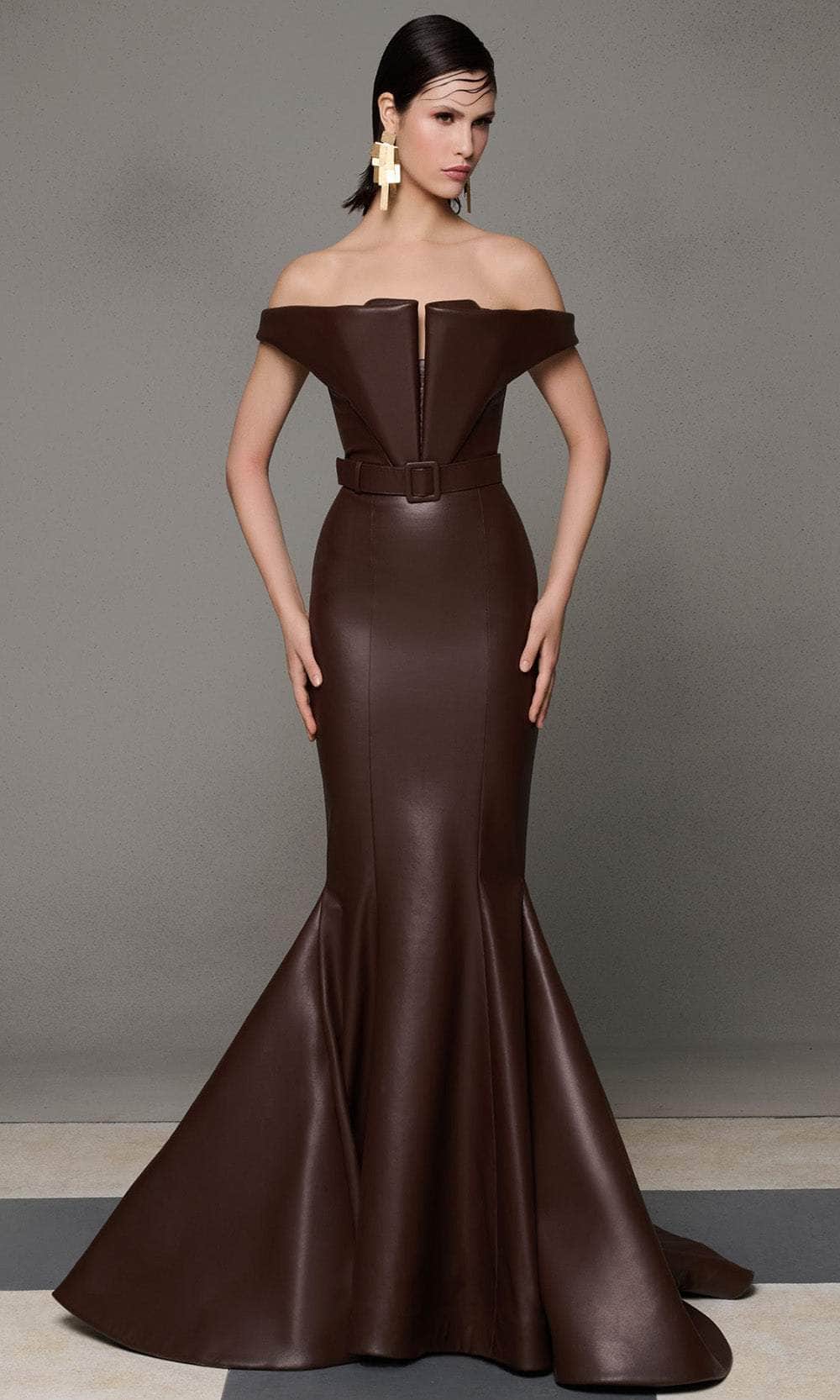 MNM Couture N0630 - Long Mermaid Dress - Cap Sleeves, Pleated Top, Belted Waist, Mid-Open Back, Sweep Train 12 / Brown - Shop MNM Couture dresses on MNM Couture N0630 - Long Mermaid Dress - Cap Sleeves, Pleated Top, Belted Waist, Mid-Open Back, Sweep Train 12 / Brown - Shop MNM Couture dresses on