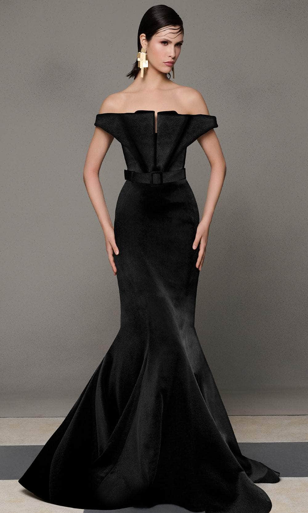 MNM Couture N0630A - Belted Folded Neckline Evening Gown Pageant Dresses