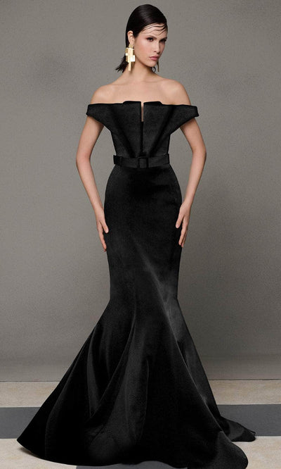 MNM Couture N0630A - Belted Folded Neckline Evening Gown Pageant Dresses
