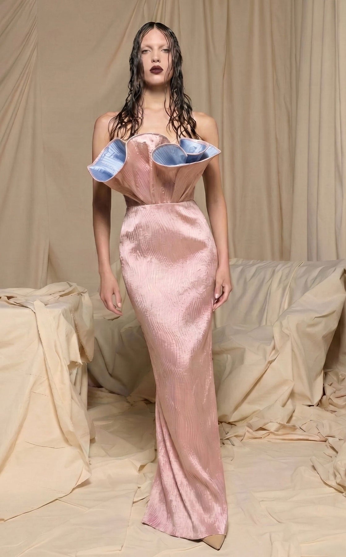 MNM COUTURE N0704 - Column Sculptural Bust Evening Gown with Slit