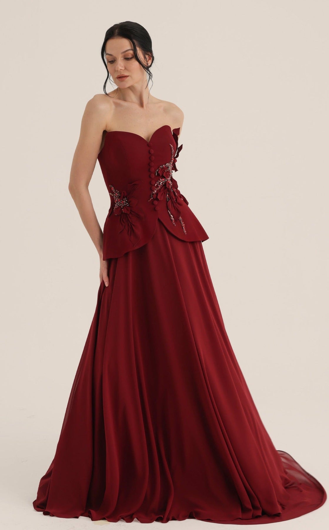MNM COUTURE O07815 - Strapless Applique Evening Gown with Front Button