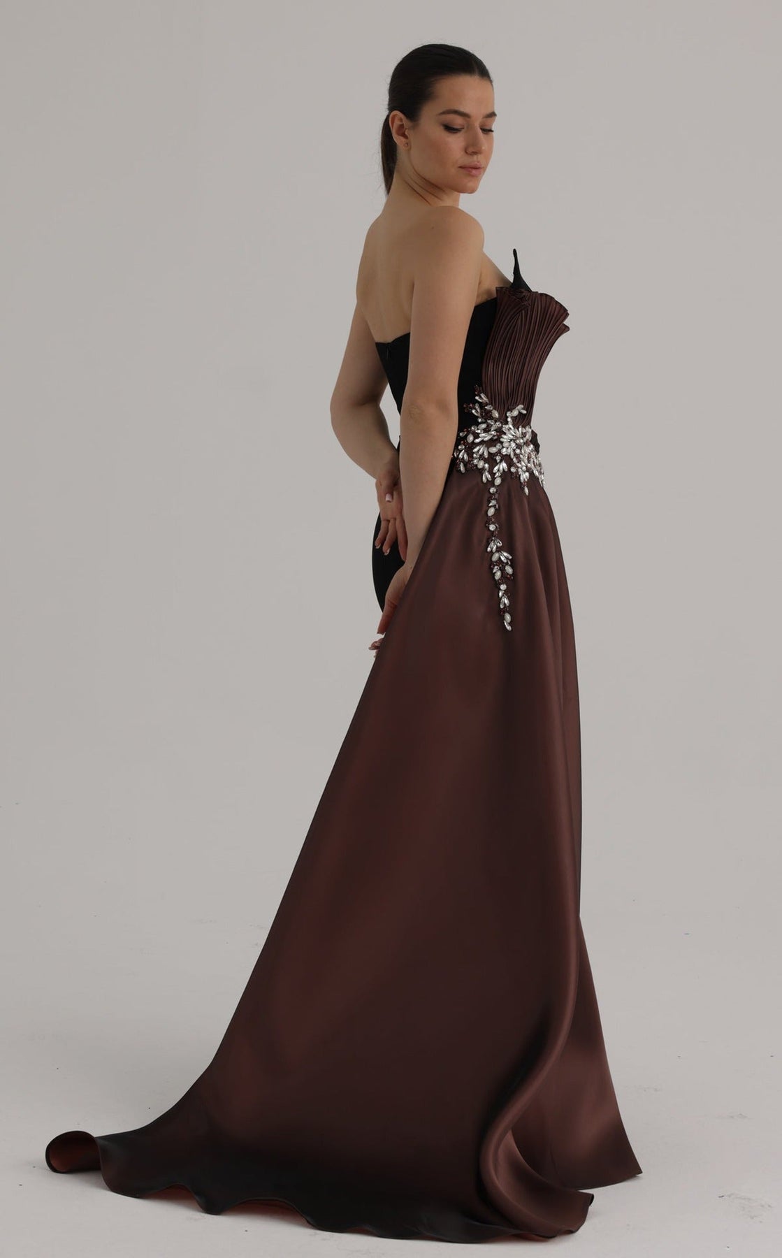 MNM COUTURE O07862 - Crystal Accent Plunging Neck Draped Evening Gown