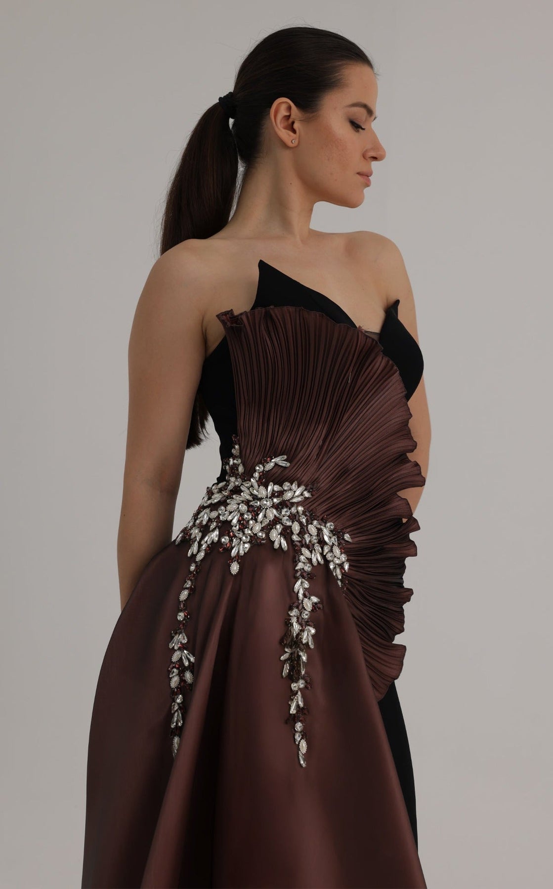 MNM COUTURE O07862 - Crystal Accent Plunging Neck Draped Evening Gown
