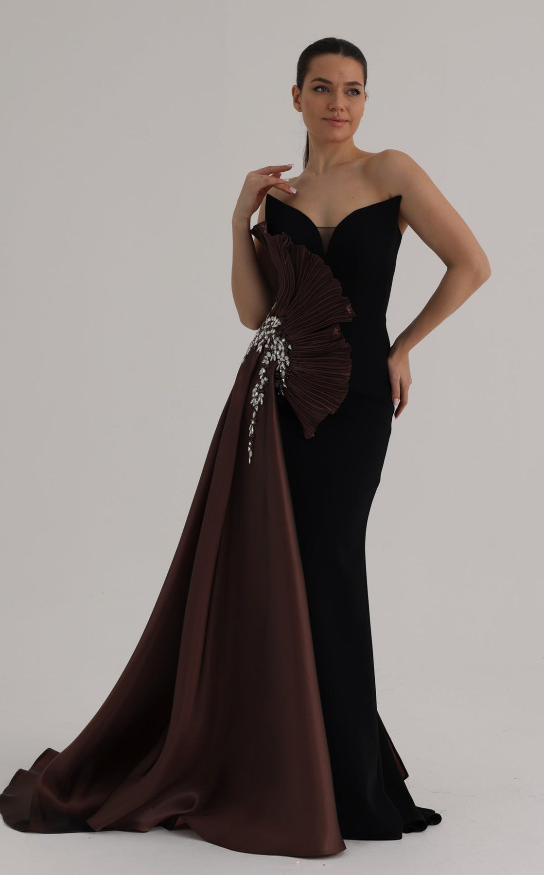 MNM COUTURE O07862 - Crystal Accent Plunging Neck Draped Evening Gown
