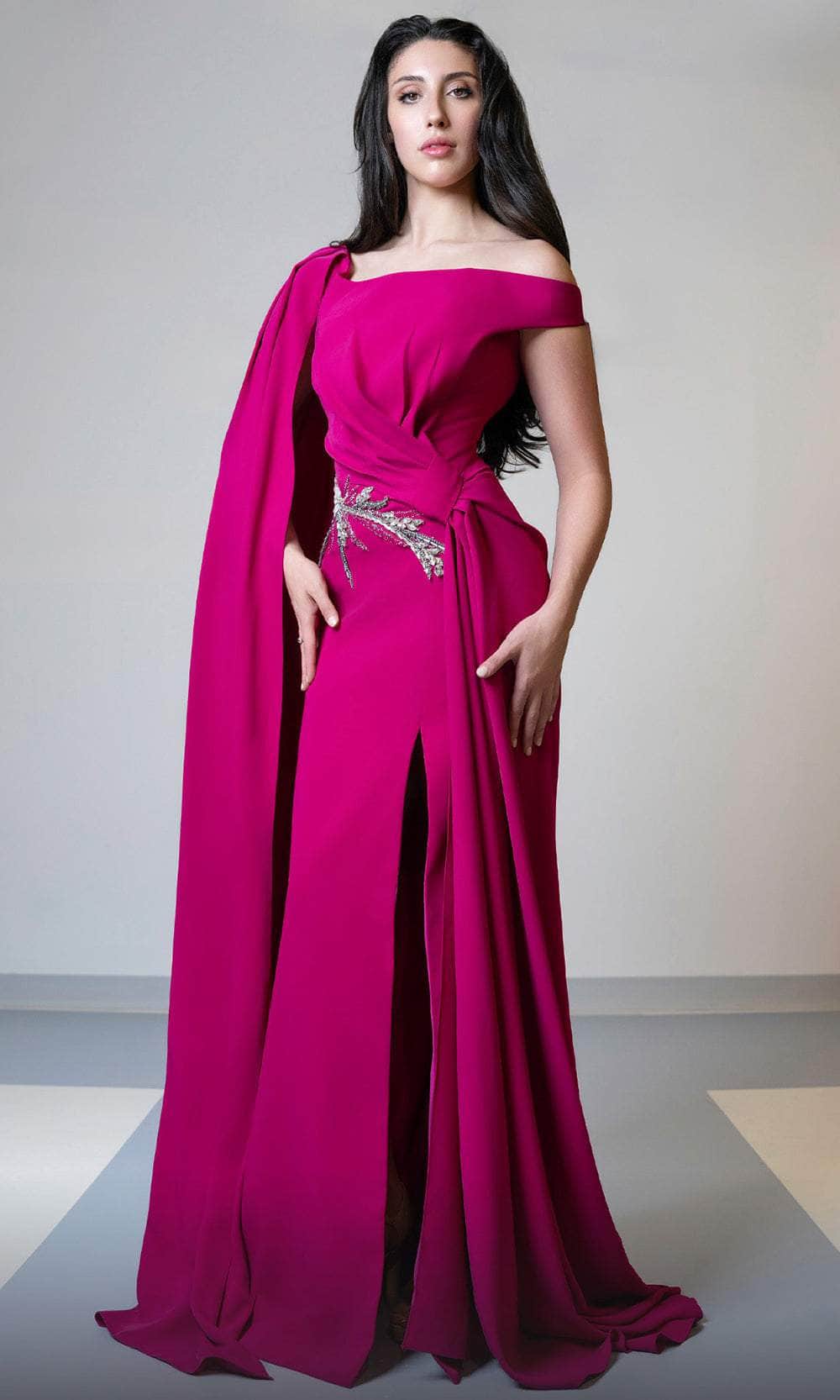 MNM Couture V02029A - Asymmetric Neckline Column Gown Evening Dresses