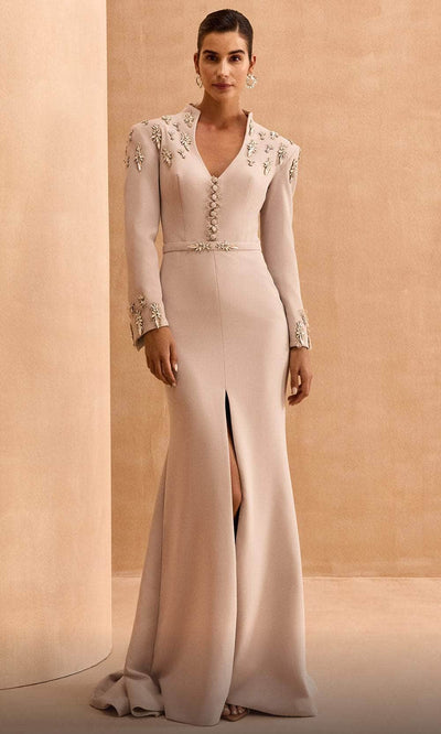 MNM Couture V02030 - Long Sleeve Bejeweled Evening Dress Mother of the Bride Dresses 4 /  Beige