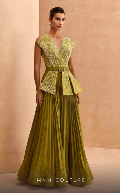 MNM Couture V07014 - Pleated A-Line Long Gown Special Occasion Dresses 0 / Green