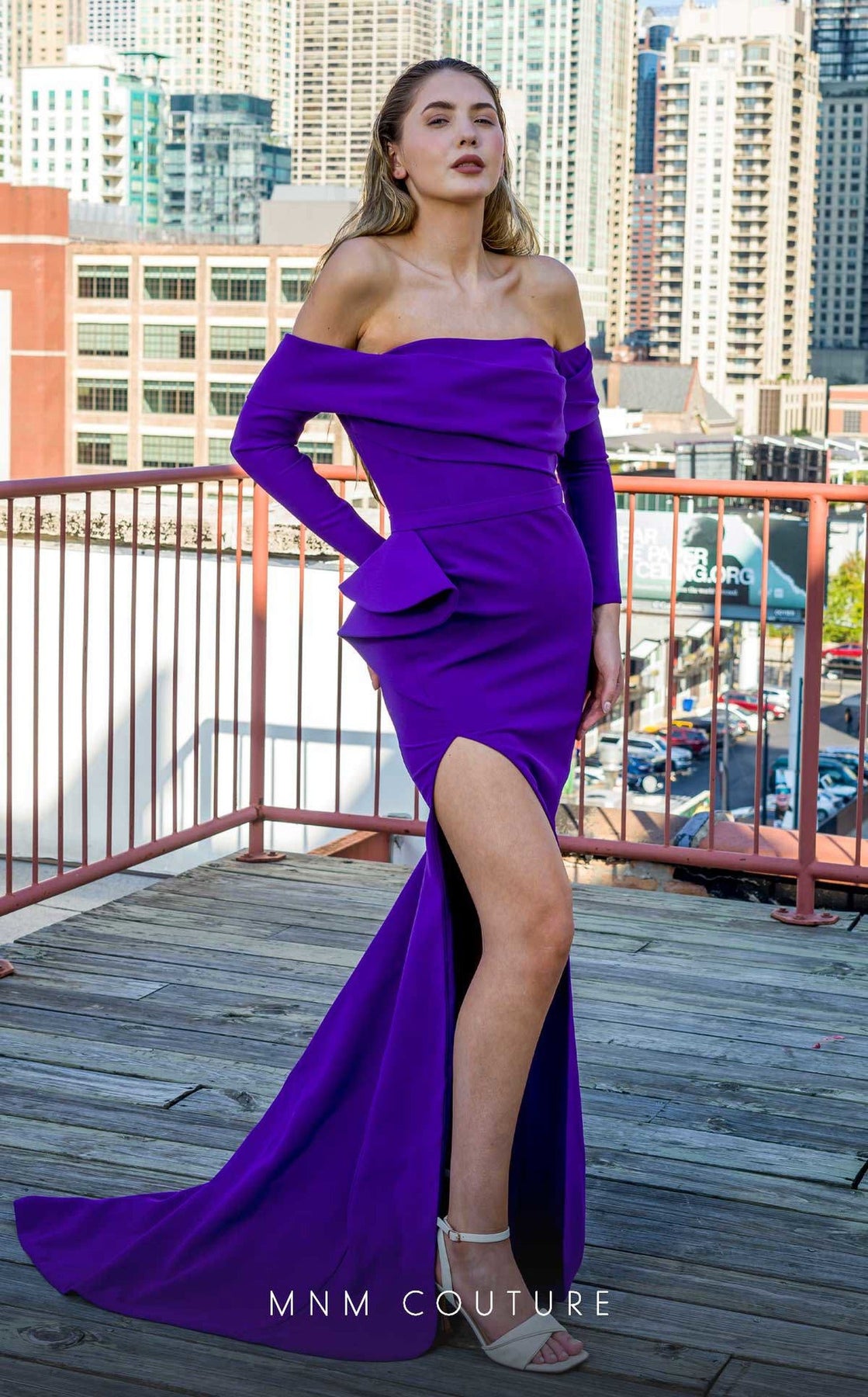 MNM COUTURE V07565 - Draped Off Shoulder High Slit Evening Gown