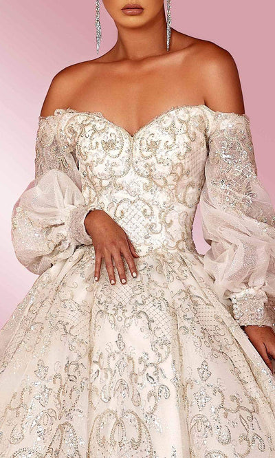 MNM COUTURE W2121 - Off Shoulder Bishop Sleeves Gown Special Occasion Dress