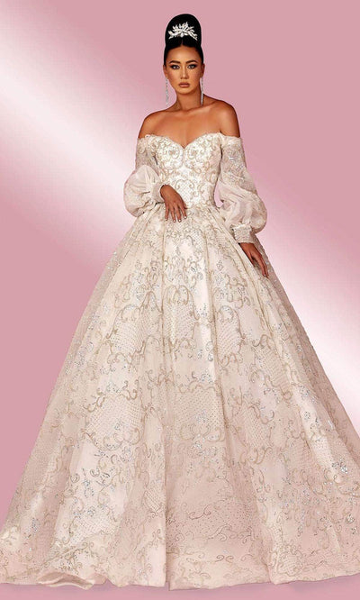MNM COUTURE W2121 - Off Shoulder Bishop Sleeves Gown Special Occasion Dress XS / Off White