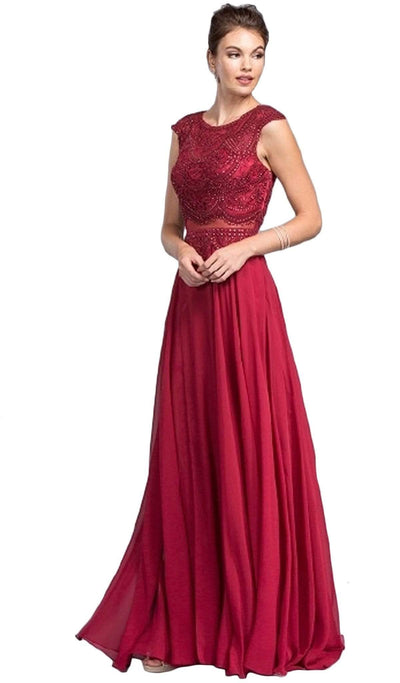 Mock Two Piece Jewel Embroided A-line Prom Dress Dress XXS / Burgundy