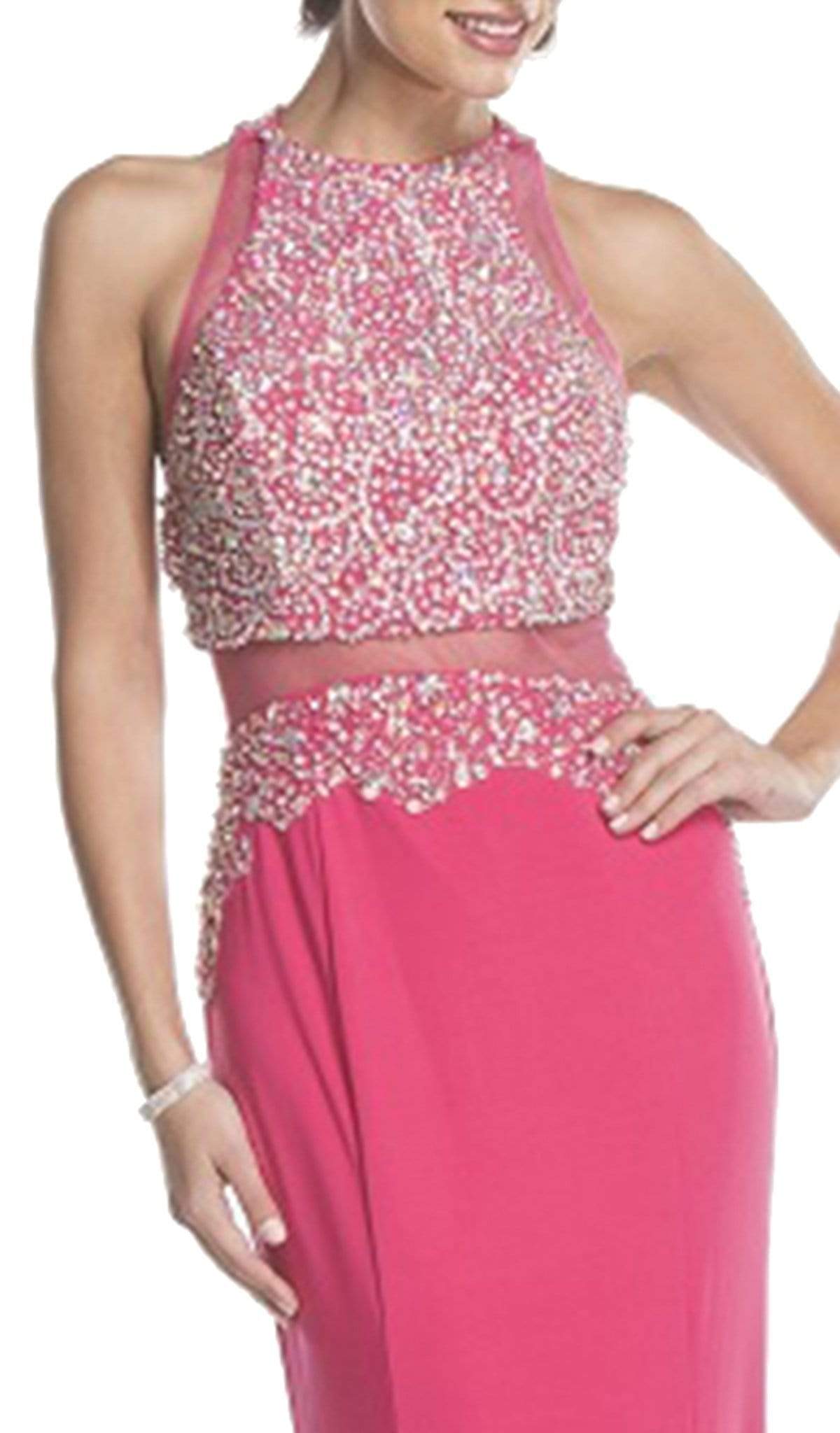 Mock Two Piece Jeweled Halter Prom Dress Dress