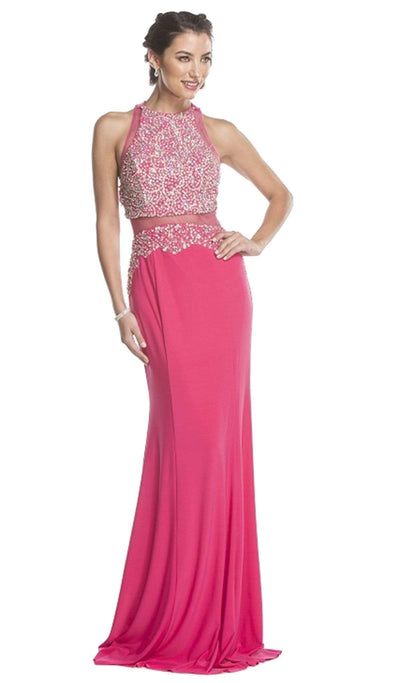 Mock Two Piece Jeweled Halter Prom Dress Dress XXS / Fuchsia