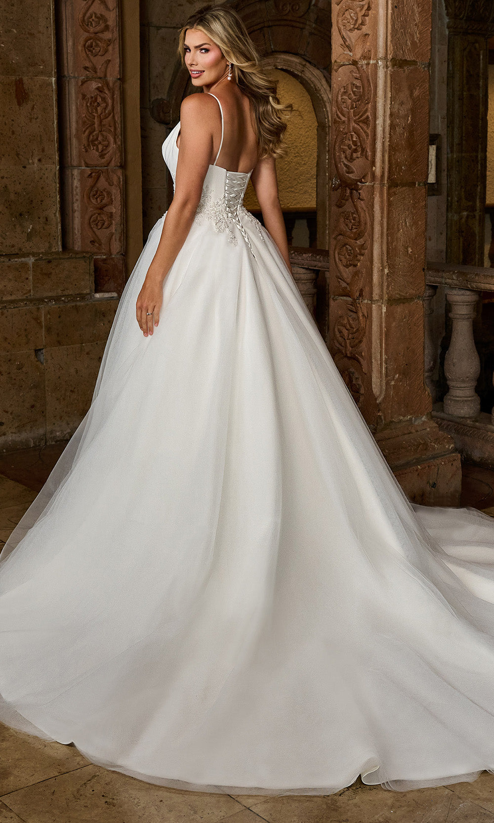 Rachel Allan RB2200 - Plunge Neck Applique Waist Bridal Gown Ball Gowns