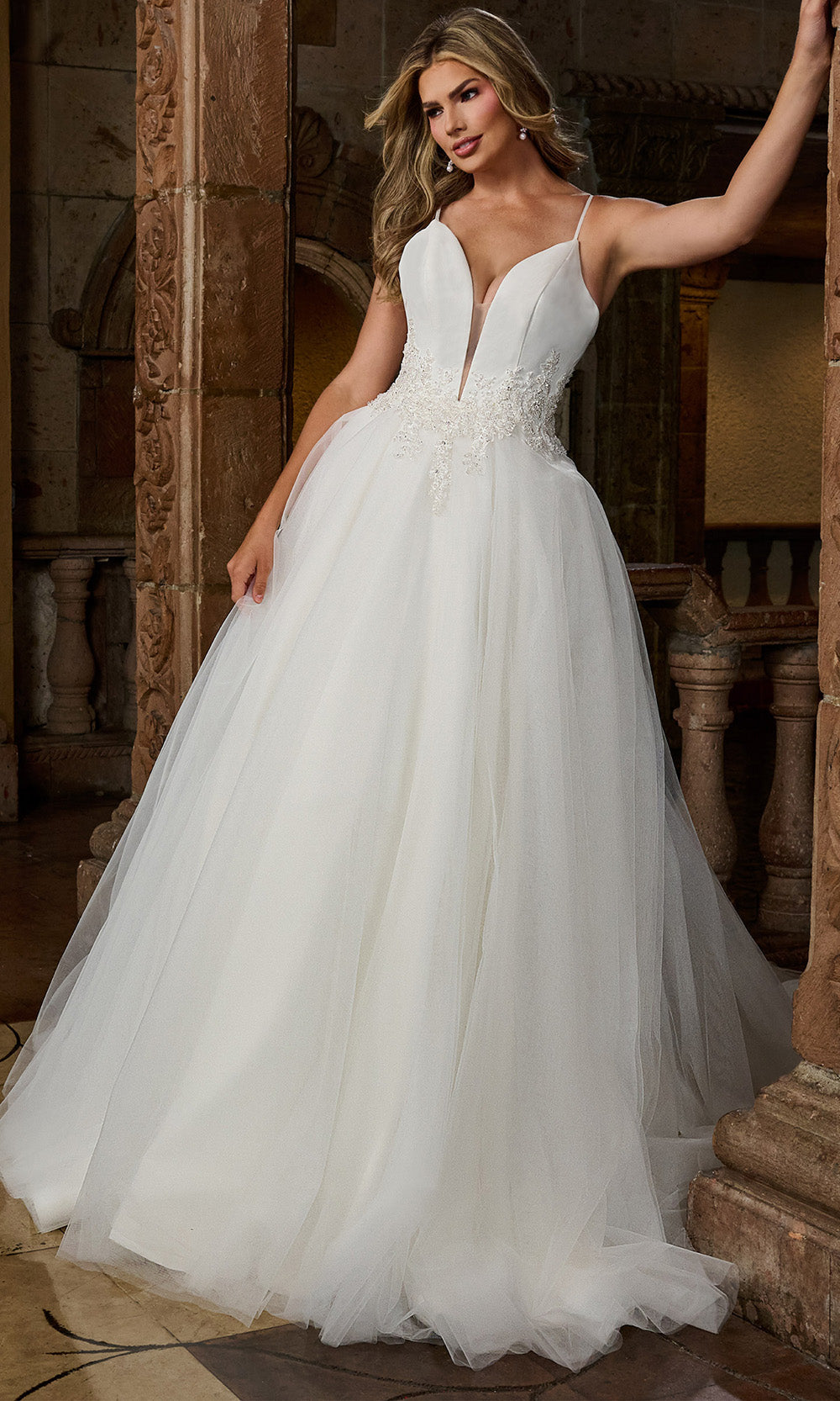 Rachel Allan RB2200 - Plunge Neck Applique Waist Bridal Gown Ball Gowns