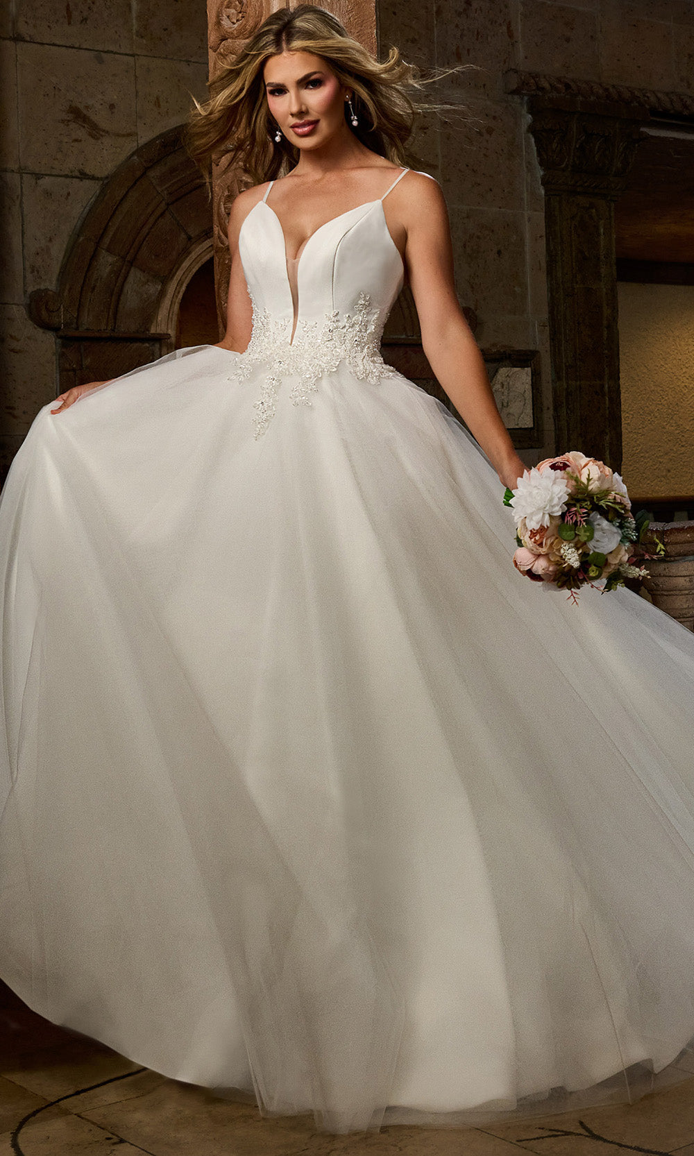 Rachel Allan RB2200 - Plunge Neck Applique Waist Bridal Gown Ball Gowns