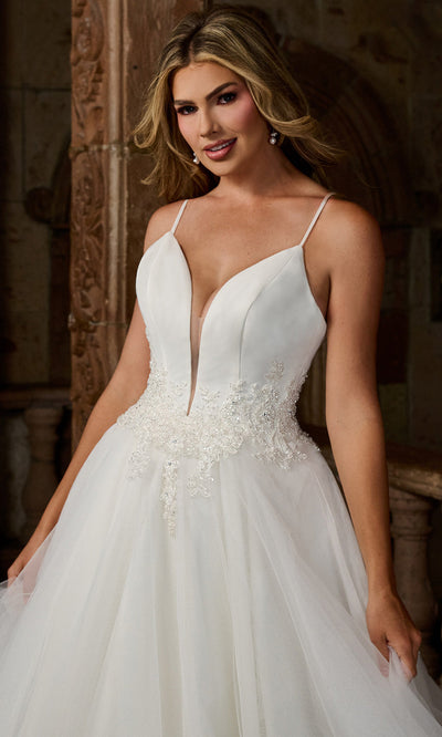 Rachel Allan RB2200 - Plunge Neck Applique Waist Bridal Gown Ball Gowns
