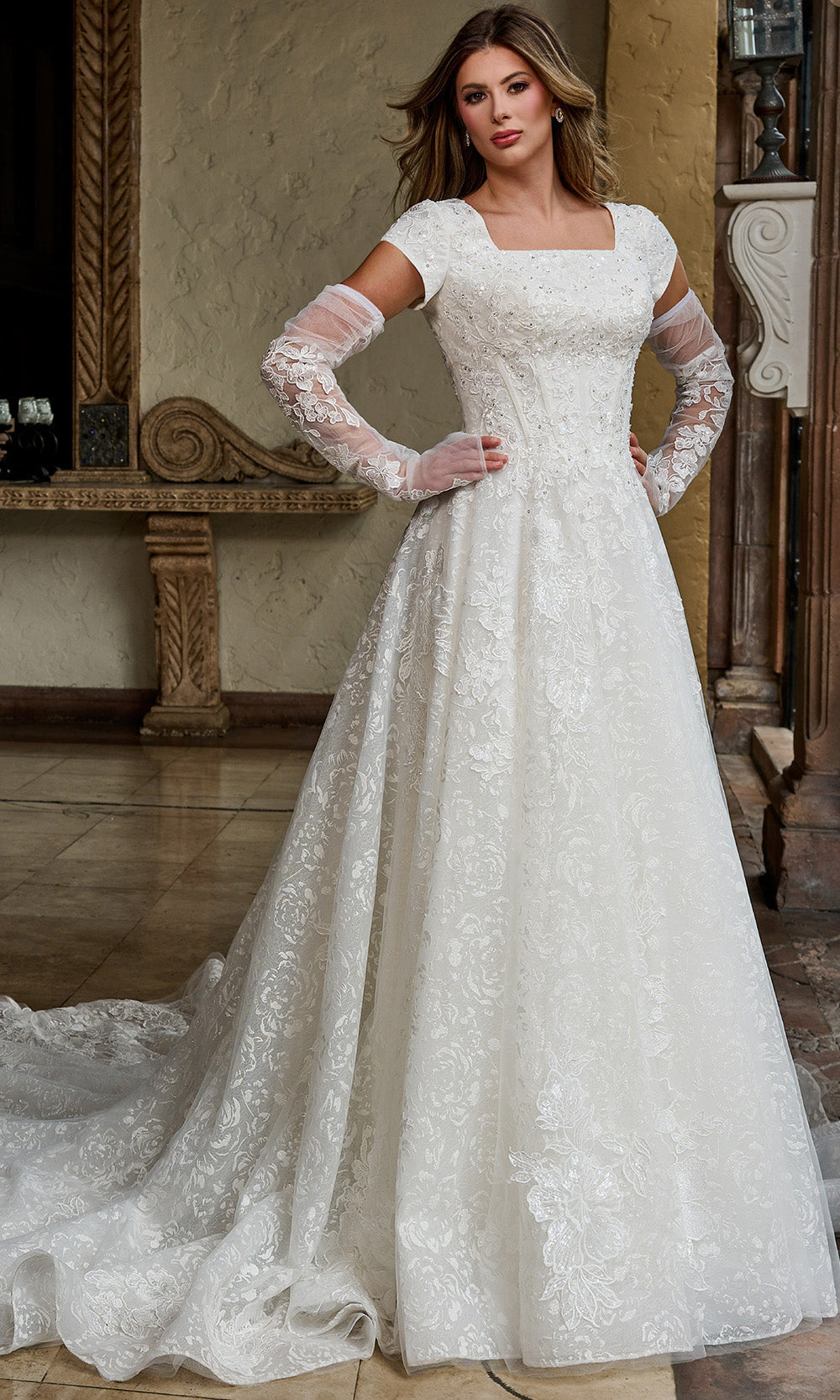 Rachel Allan RB7006 - Cap Sleeve Floral Appliqued Bridal Gown Wedding Dresses