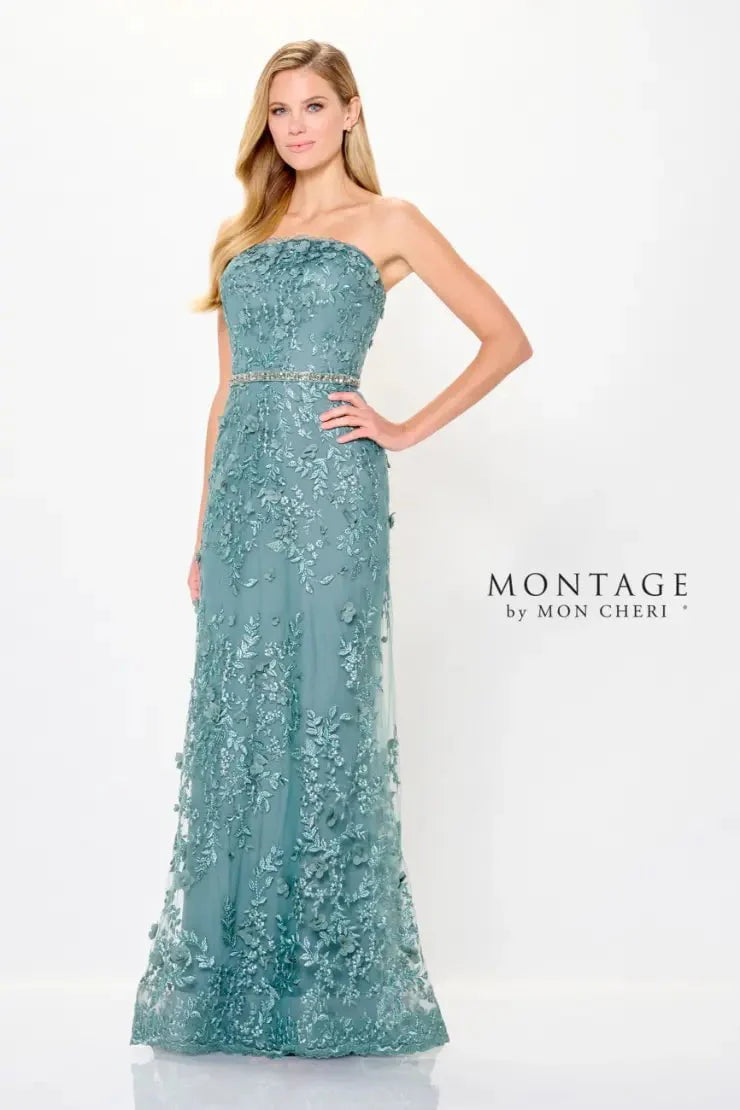 Montage by Mon Cheri - 118961 Strapless Lace Sheath Gown Mother of the Bride Dresses 4 / Spruce Mist