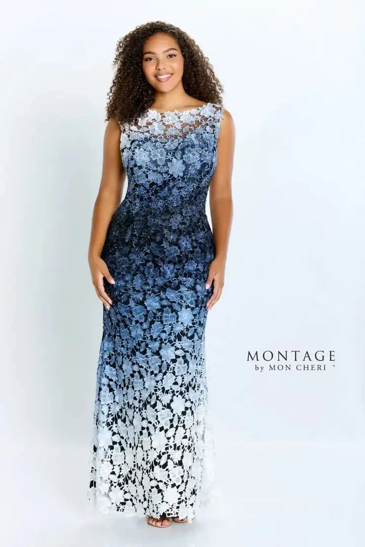 Montage By Mon Cheri 119958W - Long Ombre Venise Lace Sheath Dress - Detachable Sleeves, Ombre Lace, Low V-Open Back, Zipper Closure, Beaded, Floor Montage By Mon Cheri 119958W - Long Ombre Venise Lace Sheath Dress - Detachable Sleeves, Ombre Lace, Low V-Open Back, Zipper Closure, Beaded, Floor