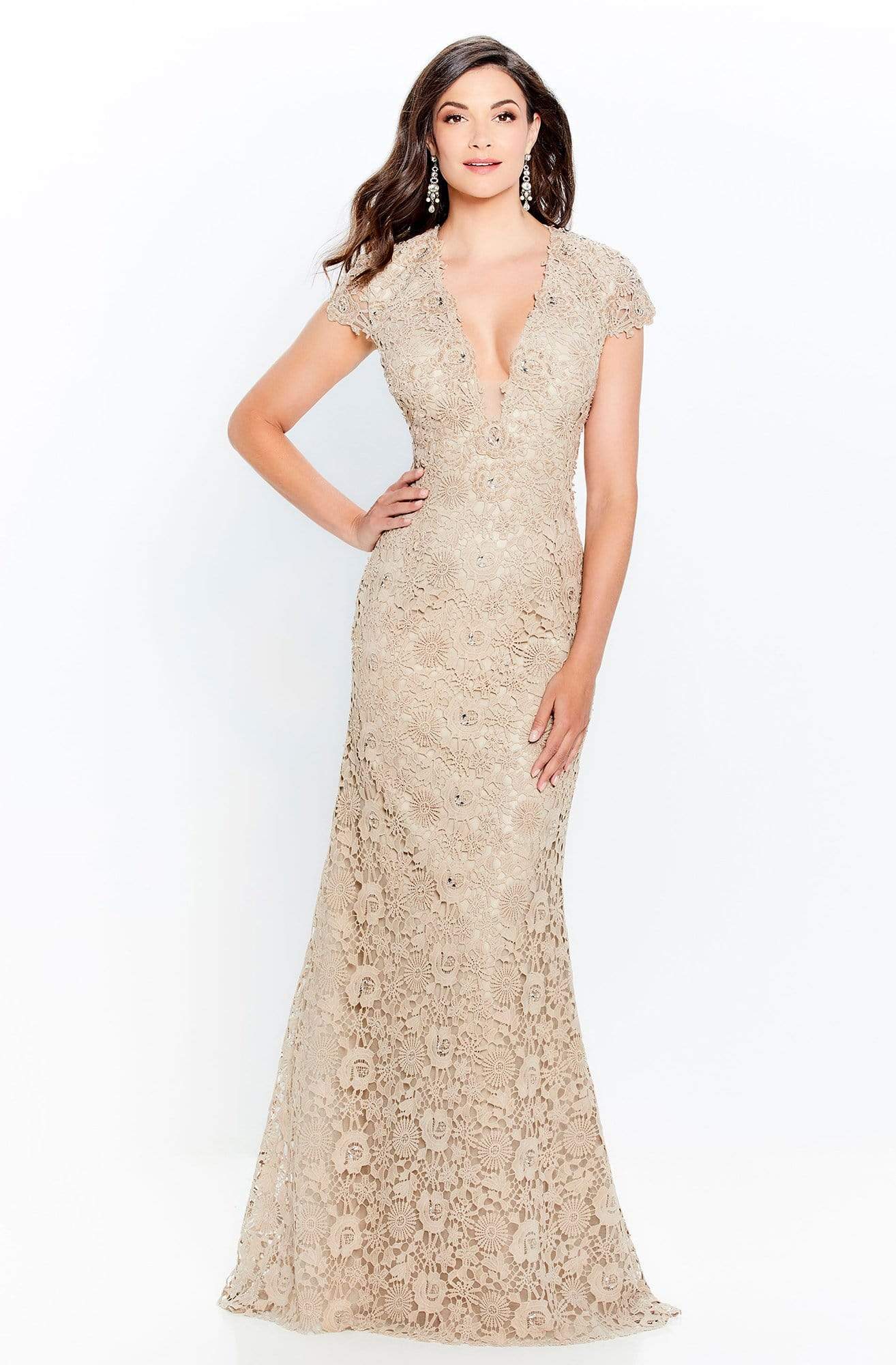 Montage by Mon Cheri - 120912 Lace Plunging V-Neck Sheath Dress Mother of the Bride Dresses 4 / Dk.Champagne