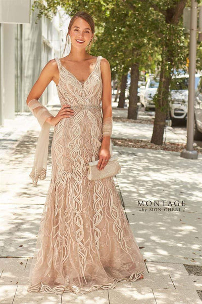 Montage by Mon Cheri - 120921 Metallic Ribbon Plunging V-Neck Gown Evening Dresses