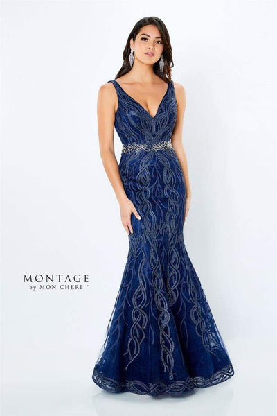 Montage by Mon Cheri - 120921 Metallic Ribbon Plunging V-Neck Gown Evening Dresses