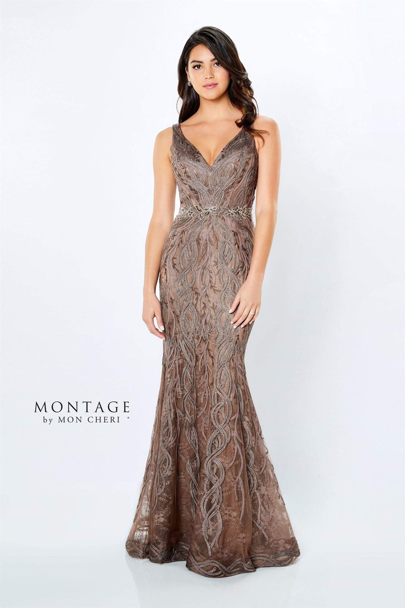 Montage by Mon Cheri - 120921 Metallic Ribbon Plunging V-Neck Gown Evening Dresses