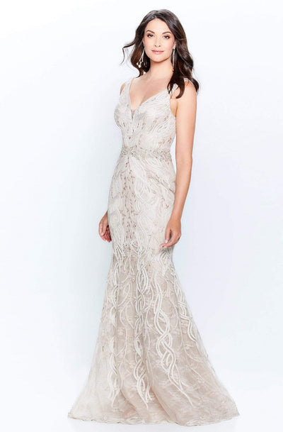 Montage by Mon Cheri - 120921 Metallic Ribbon Plunging V-Neck Gown Evening Dresses 4 / Cappuccino