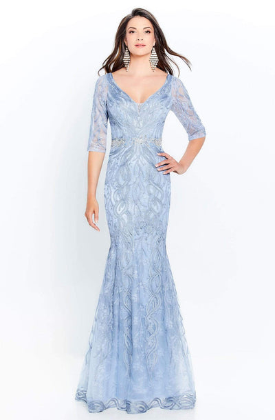 Montage by Mon Cheri - 120921 Metallic Ribbon Plunging V-Neck Gown Evening Dresses 4 / Lt Blue