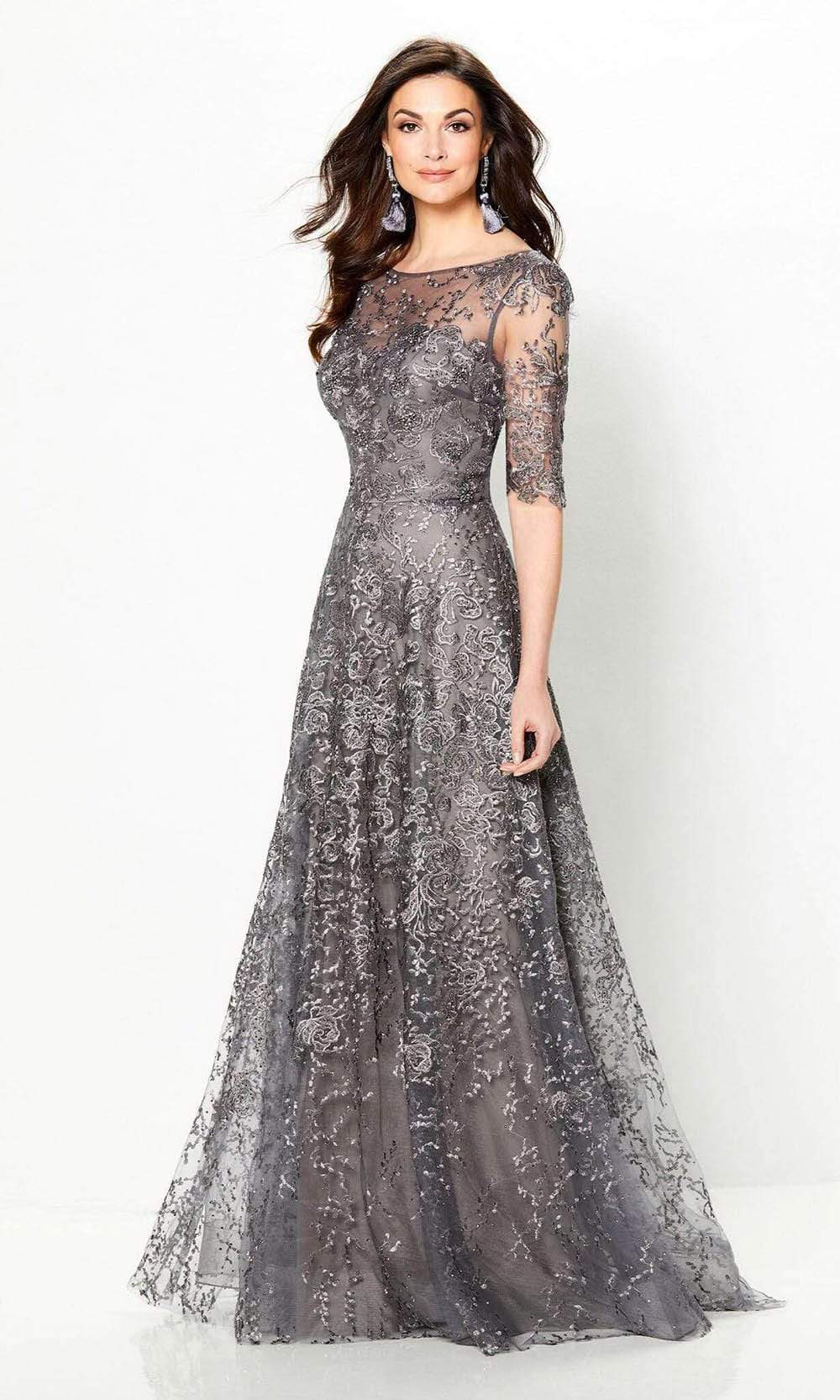 Montage by Mon Cheri - 219976 Embroidered Lace Illusion Bateau Dress Special Occasion Dress 4 / Charcoal