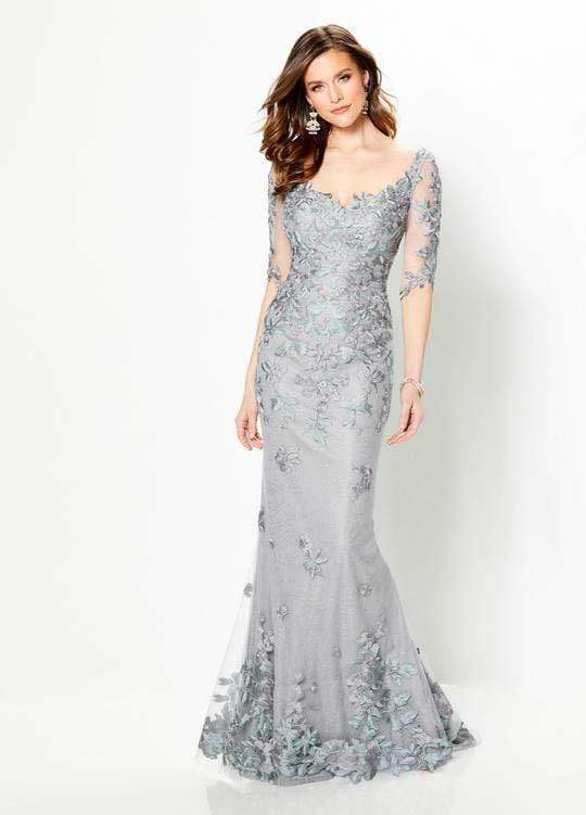 Montage by Mon Cheri - 219978 Embroidered Scoop Neck Long Gown Special Occasion Dress 4 / Gray Multi-Color