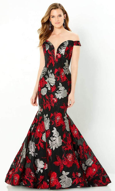 Montage by Mon Cheri - 220952 Floral Deep Off-Shoulder Gown Evening Dresses 4 / Red/Silver/Black