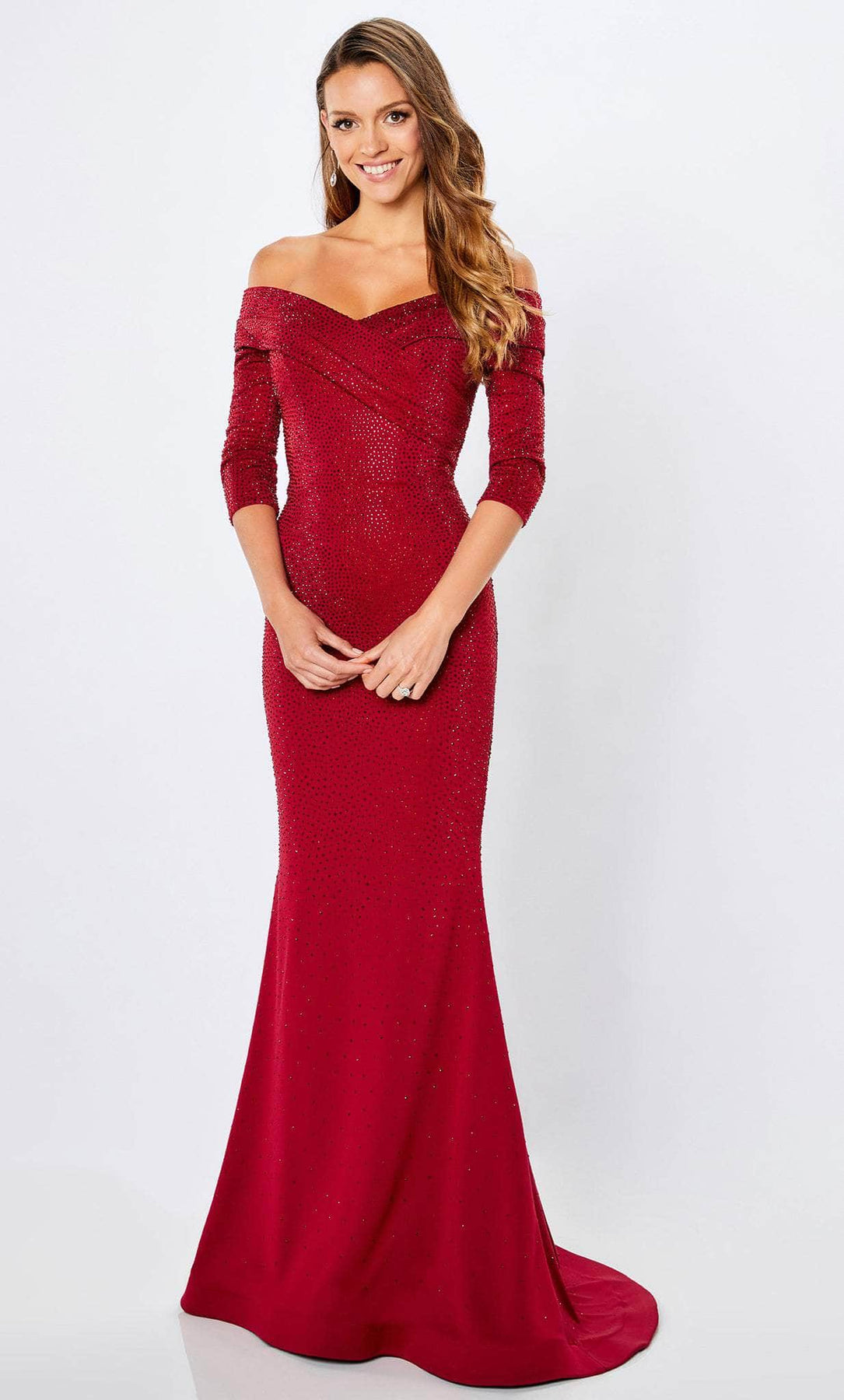 Montage by Mon Cheri 221970W - Off-Shoulder 3/4 Sleeves Evening Gown Mother of the Bride Dresses 16W / Wine
