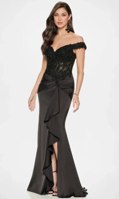 Montage by Mon Cheri M852 - Off-Shoulder Satin Gown with Ruffled Slit Special Occasion Dress